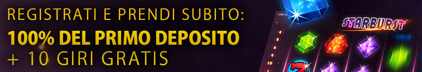 Welcome Bonus di Betclic Casinò con Starburst: 100% del deposito fino a 20€ + 10 giri gratis