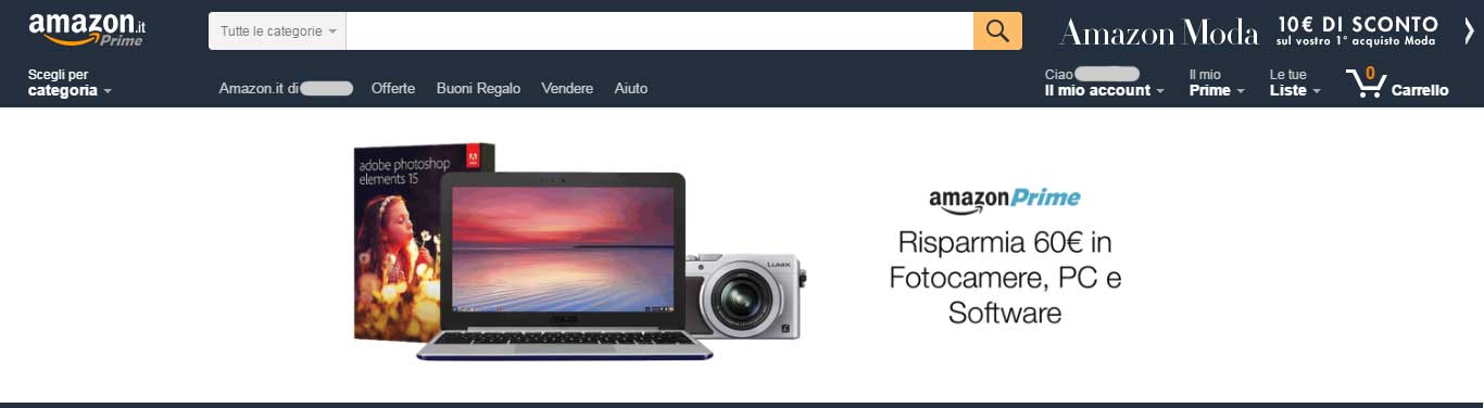 Accedi alla promo "Risparmia 60€ in Fotocamere, PC e Software" - da "Il Mio Prime" - per usufruire dell'offerta esclusiva Prime che ti regala 60€ di buoni sconto Amazon. © Amazon.it