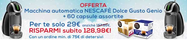 Promozioni Casa Henkel: effettuando un ordine di 75€, puoi avere la macchina Nescafè Dolce Gusto Genio con 60 capsule caffè e caffelatte a soli 29€. © CasaHenkel.it